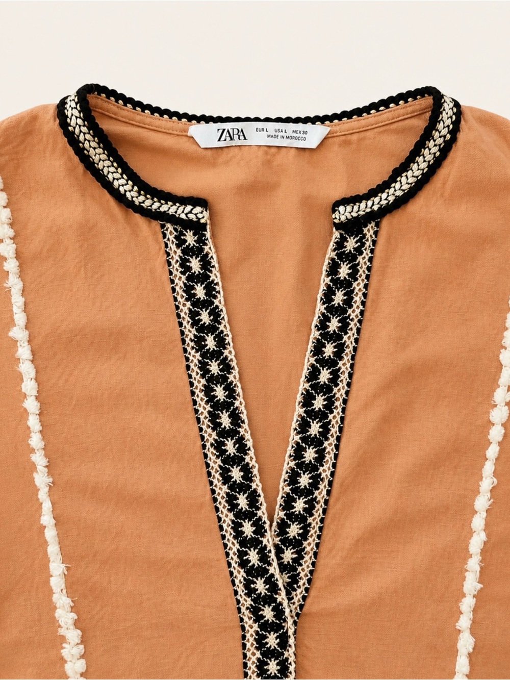 Zara Linen Blend Embroidered Tunic Dress Large Boho Hi-Low Beige Burnt Orange - Picture 5 of 11